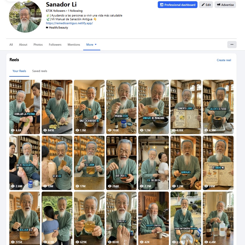 Facebook page for a faceless AI avatar showing 673,000 followers