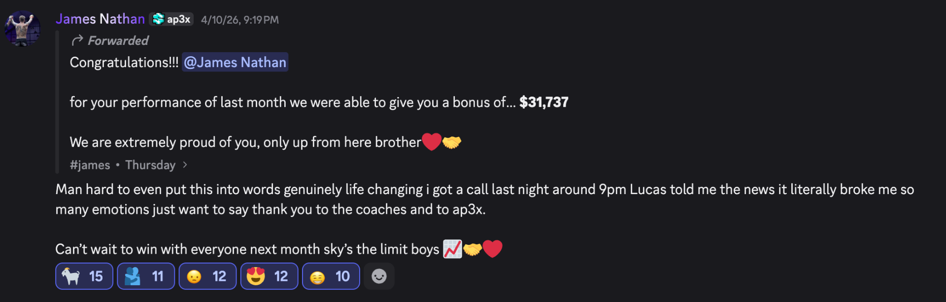 Discord message awarding James Nathan a $31,737 performance bonus