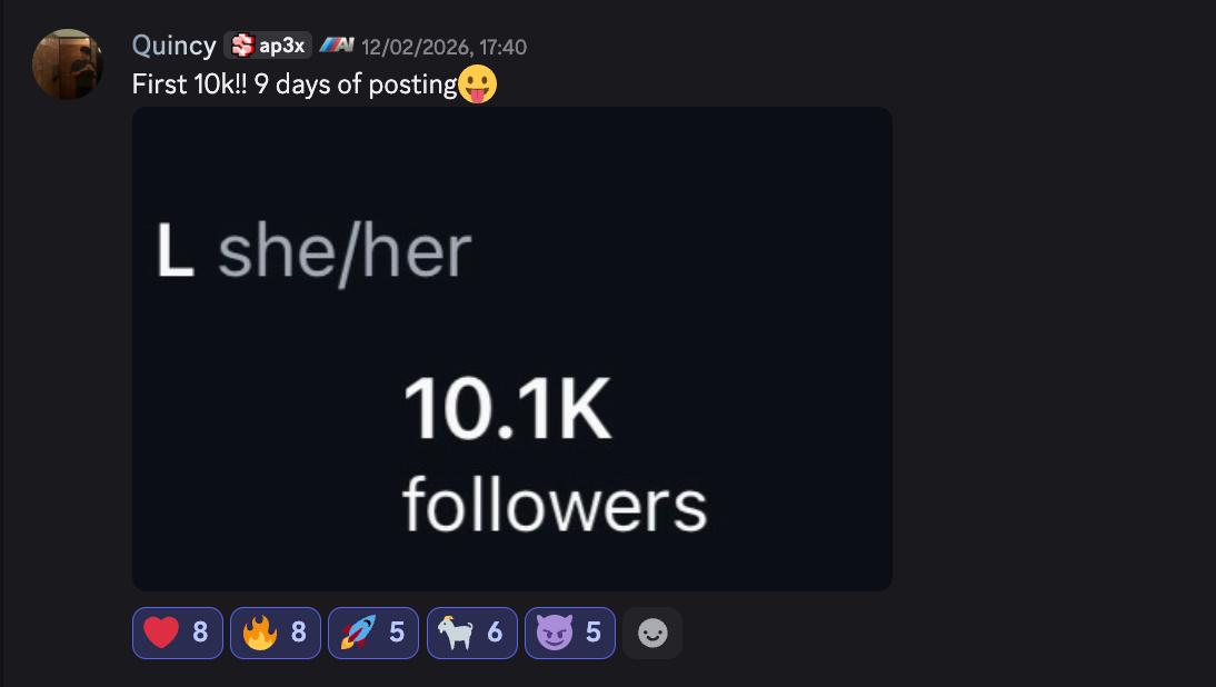 Instagram insights showing Quincy reaching 10,100 followers in 9 days